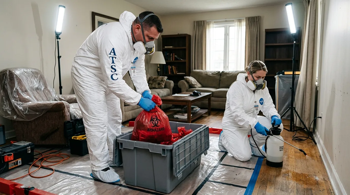 Professional Hoarding Cleanup technician in full PPE working in Encanto